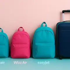 Porównanie rozmiarów bagażu podręcznego: mały turkusowy plecak (Ryanair), różowy plecak (Wizz Air), większy turkusowy plecak (easyJet) i granatowa walizka.