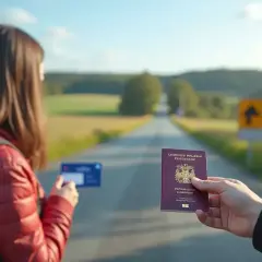 Droga do Szwecji. Czy do Szwecji potrzebny jest paszport? Kobieta z plecakiem trzyma kartę, mężczyzna paszport.
