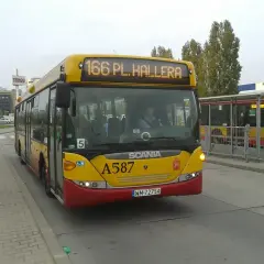 Żółty autobus linii 166 w Warszawie, z napisem "166 PL. HALLERA" na wyświetlaczu, zbliża się do przystanku.
