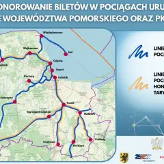 Mapa Pomorza z zaznaczonymi liniami kolejowymi. Mehoffer pociąg obsługuje te trasy.