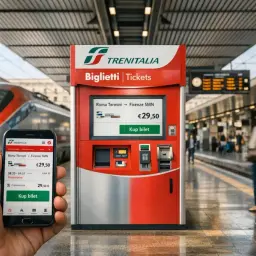 Kup bilet na pociąg we Włoszech przez automat lub aplikację. Czerwony pociąg Trenitalia czeka na peronie.