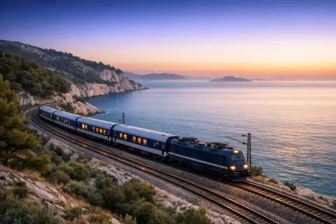 Pociąg Adriatic Express sunie wzdłuż skalistego wybrzeża Adriatyku o zachodzie słońca.