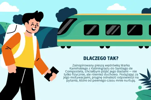 Podróżnik z plecakiem obok zielonego pociągu, gotowy na wyprawę inspirowaną eic 8100.
