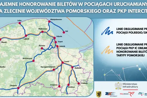 Mapa Pomorza z zaznaczonymi liniami kolejowymi. Mehoffer pociąg obsługuje te trasy.