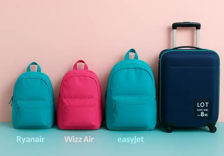 Porównanie rozmiarów bagażu podręcznego: mały turkusowy plecak (Ryanair), różowy plecak (Wizz Air), większy turkusowy plecak (easyJet) i granatowa walizka.