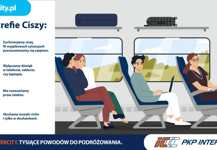 W strefie ciszy Intercity zachowujemy spokój: szeptem rozmawiamy, wyciszamy urządzenia i słuchamy muzyki w słuchawkach.