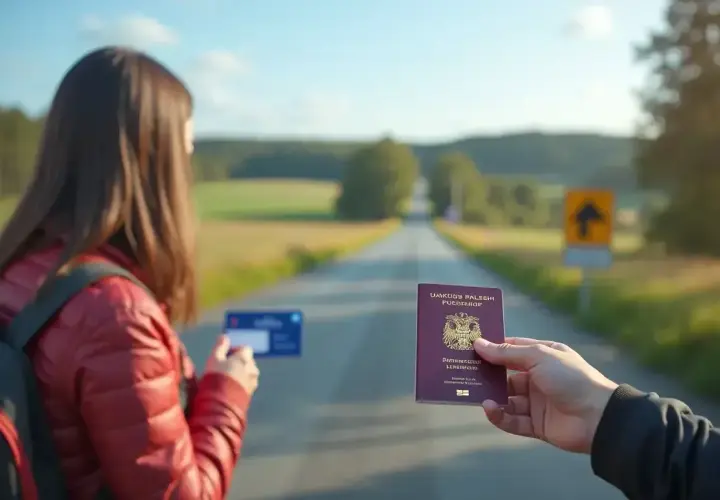 Droga do Szwecji. Czy do Szwecji potrzebny jest paszport? Kobieta z plecakiem trzyma kartę, mężczyzna paszport.
