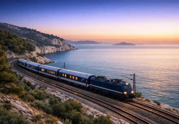 Pociąg Adriatic Express sunie wzdłuż skalistego wybrzeża Adriatyku o zachodzie słońca.