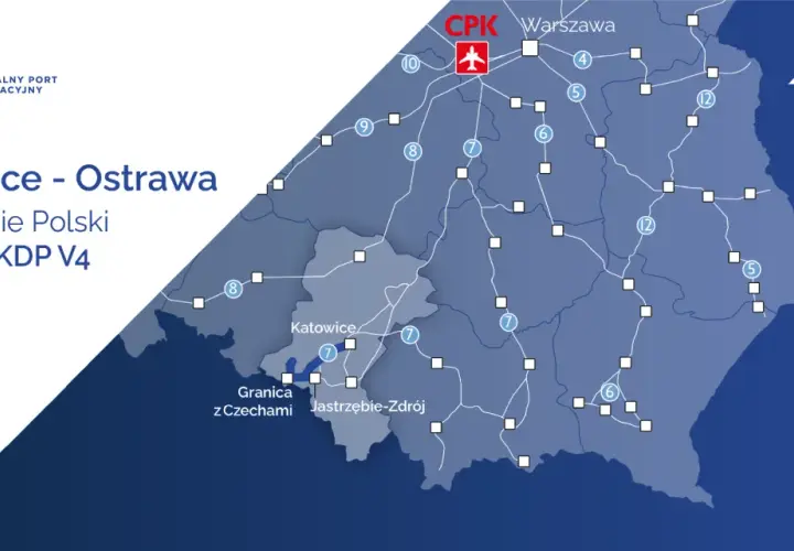 Mapa przedstawia połączenie kolejowe Katowice - Ostrawa, włączając Polskę do sieci KDP V4.