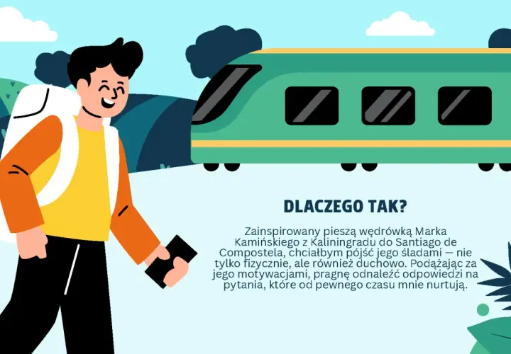 Podróżnik z plecakiem obok zielonego pociągu, gotowy na wyprawę inspirowaną eic 8100.