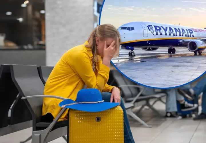 Zmartwiona kobieta w żółtej kurtce czeka na lotnisku na samolot Ryanair. Może to być podróż z Elbląga do Wrocławia.