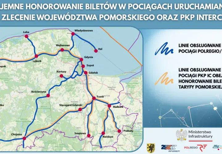 Mapa Pomorza z zaznaczonymi liniami kolejowymi. Mehoffer pociąg obsługuje te trasy.