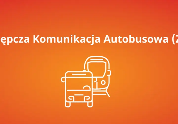 Zastępcza komunikacja autobusowa (ZKA) PKP - dwa autobusy w białym zarysie na pomarańczowym tle.