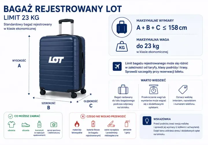 Bagaż rejestrowany LOT: limit 23 kg, wymiary 158 cm. Sprawdź zasady przewozu, by uniknąć opłat.