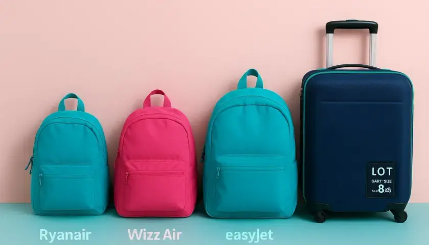 Porównanie rozmiarów bagażu podręcznego: mały turkusowy plecak (Ryanair), różowy plecak (Wizz Air), większy turkusowy plecak (easyJet) i granatowa walizka.
