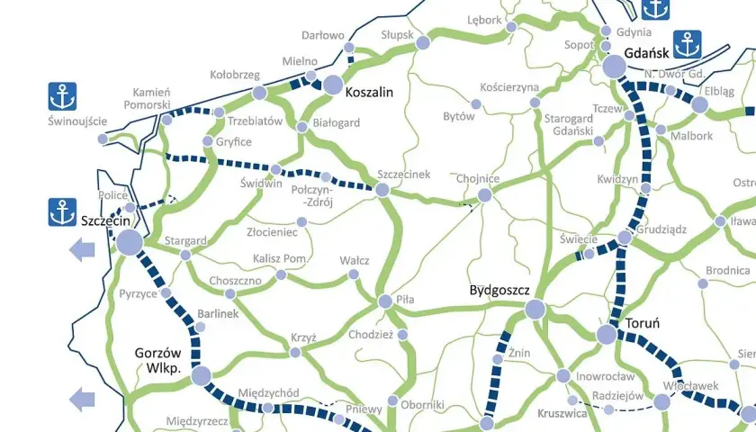 Mapa drogowa Polski z zaznaczonymi trasami. Widoczne miasta to m.in. Poznań, Piła, Szczecin, Gdańsk.