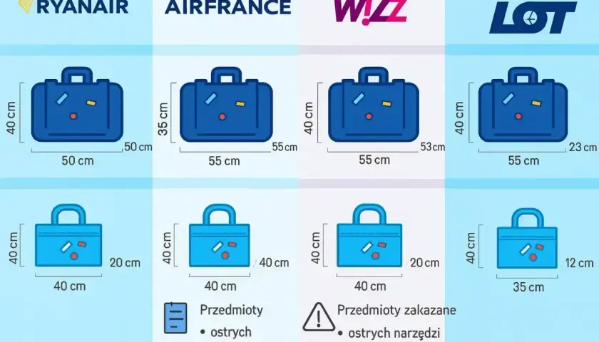 Wymiary walizki kabinowej Ryanair: 50x40x20 cm. Porównanie z innymi liniami lotniczymi.