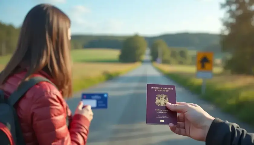 Droga do Szwecji. Czy do Szwecji potrzebny jest paszport? Kobieta z plecakiem trzyma kartę, mężczyzna paszport.