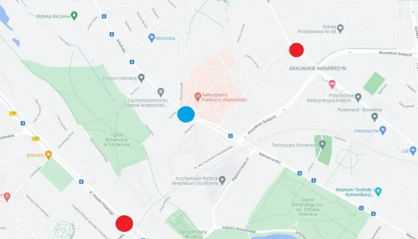 Mapa Szczecina z zaznaczonymi punktami. Jak dojechać do Ogrodu Botanicznego lub Wojewódzkiego? Czerwone i niebieskie kropki wskazują lokalizacje.