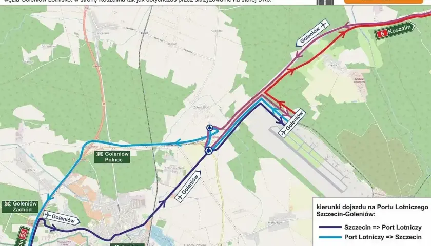 Mapa z zaznaczonymi trasami dojazdu do lotniska w Goleniowie z Koszalina i Szczecina.