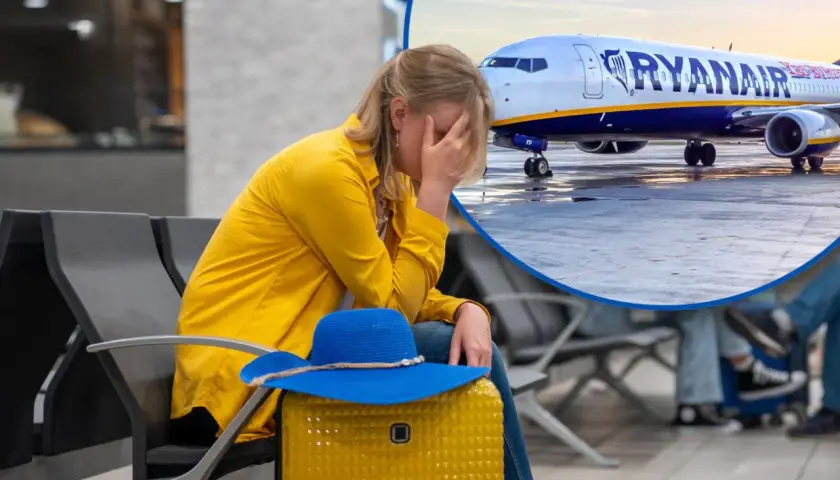 Zmartwiona kobieta w żółtej kurtce czeka na lotnisku na samolot Ryanair. Może to być podróż z Elbląga do Wrocławia.