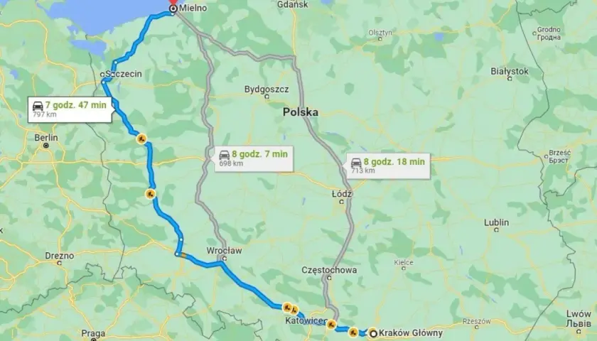 Trasa z Mielna przez Szczecin, Wrocław, Katowice do Krakowa. Dwie alternatywne drogi przez Polskę.