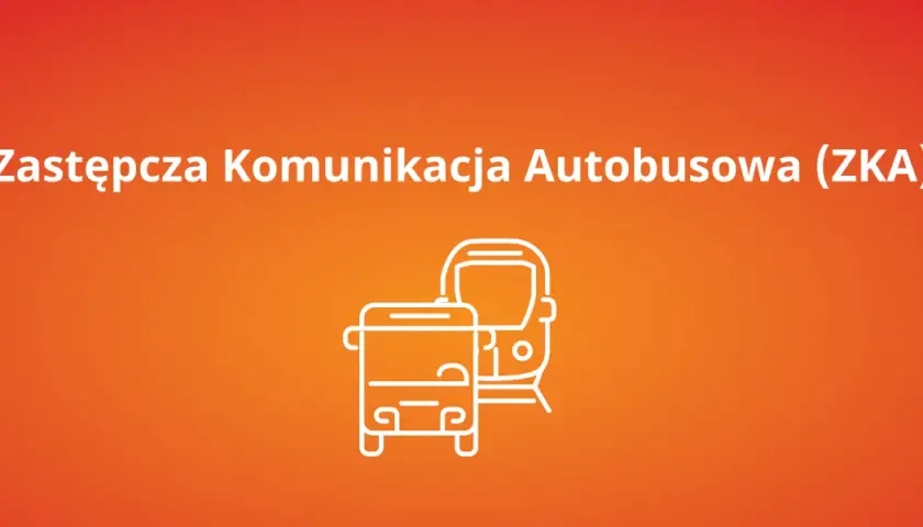 Zastępcza komunikacja autobusowa (ZKA) PKP - dwa autobusy w białym zarysie na pomarańczowym tle.