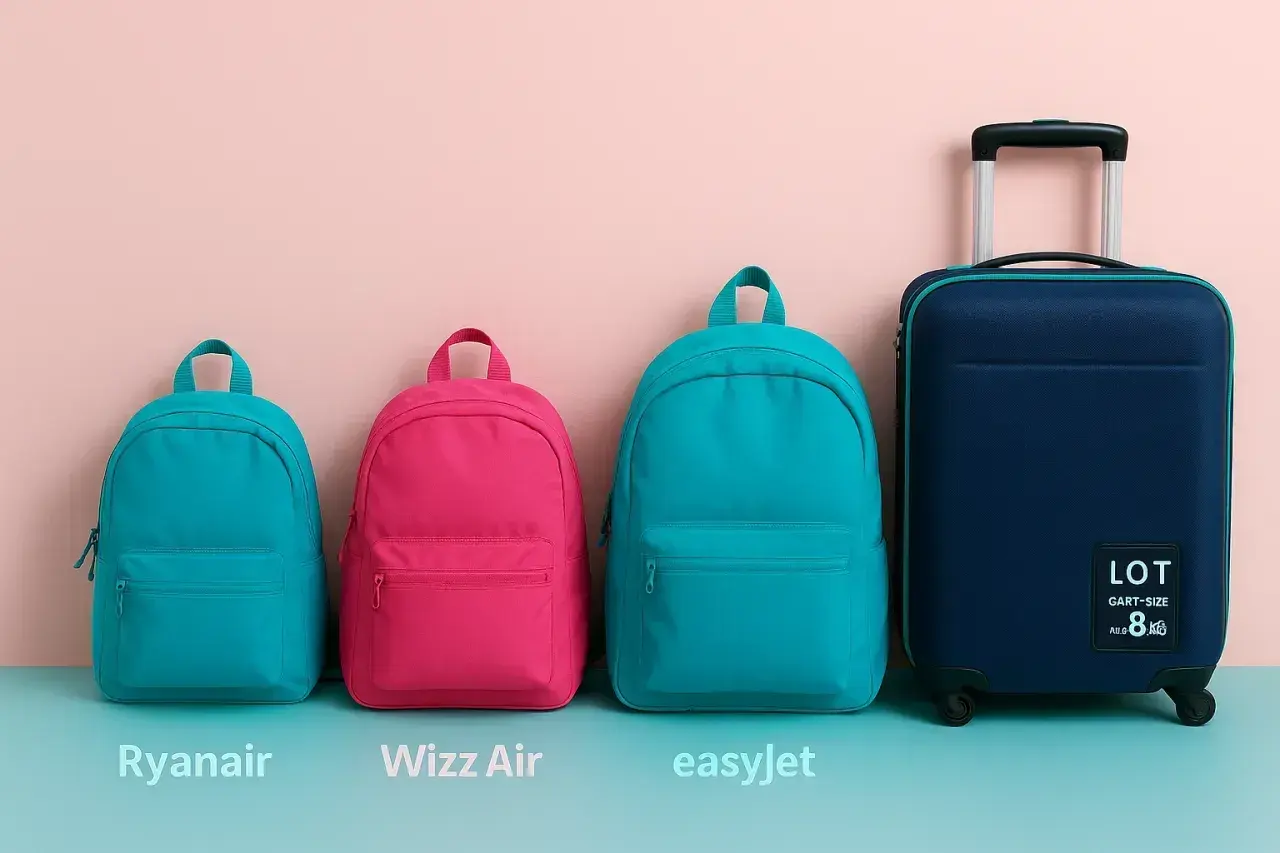 Porównanie rozmiarów bagażu podręcznego: mały turkusowy plecak (Ryanair), różowy plecak (Wizz Air), większy turkusowy plecak (easyJet) i granatowa walizka.