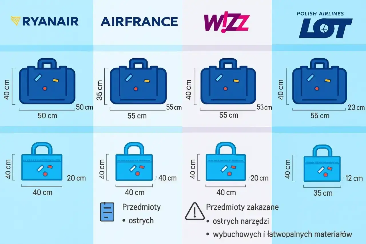 Wymiary bagażu podręcznego Wizz Air: 40x55x23 cm. Porównanie z innymi liniami lotniczymi.