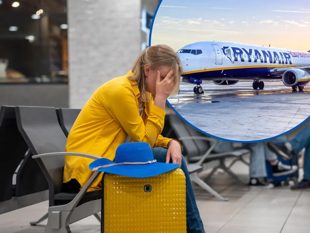 Zmartwiona kobieta w żółtej kurtce czeka na lotnisku na samolot Ryanair. Może to być podróż z Elbląga do Wrocławia.