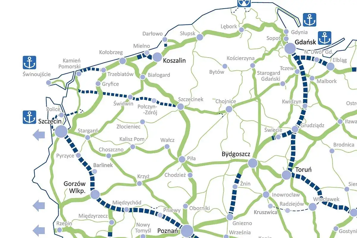 Mapa drogowa Polski z zaznaczonymi trasami, w tym połączeniem między Elblągiem a Wrocławiem.