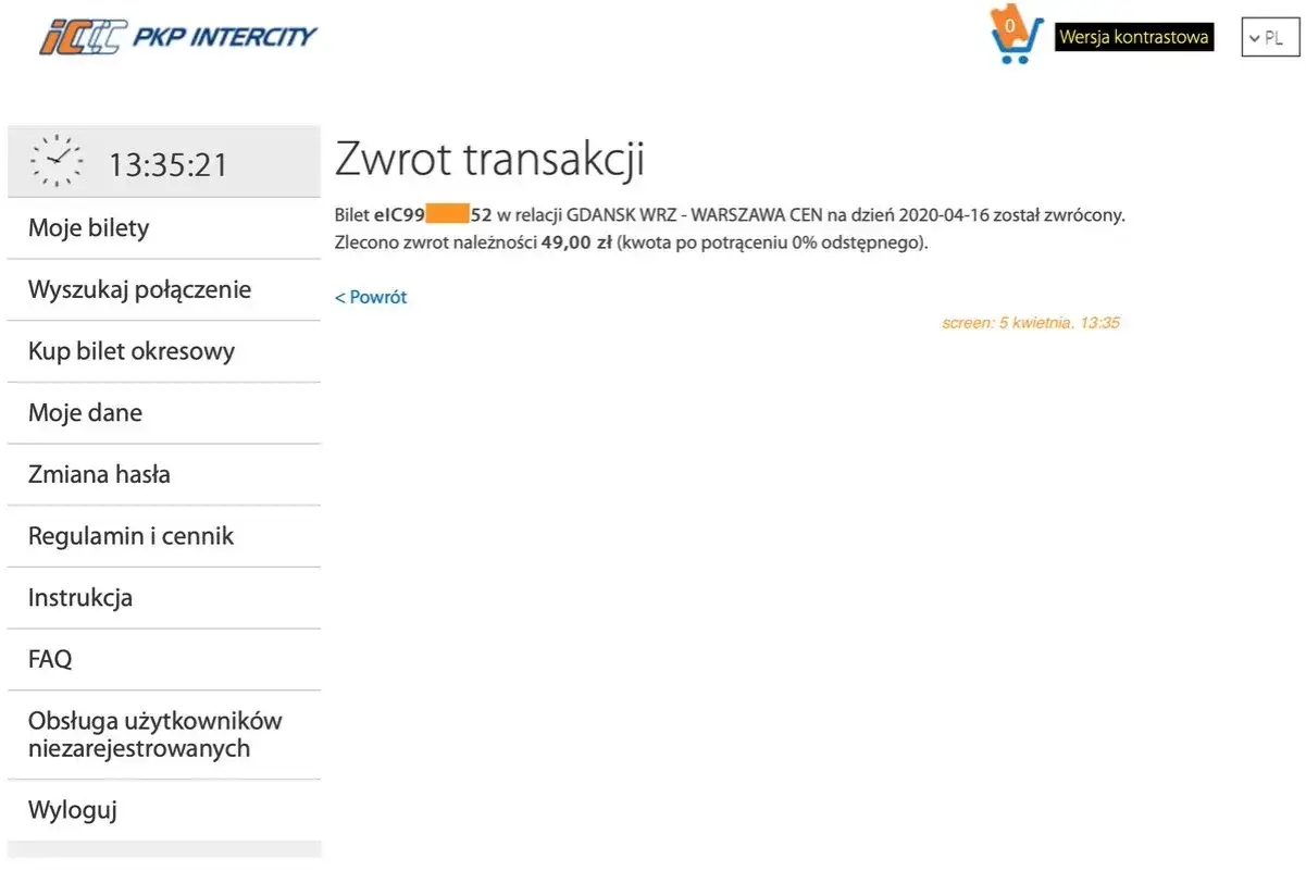 zwrot biletu intercity online instrukcja