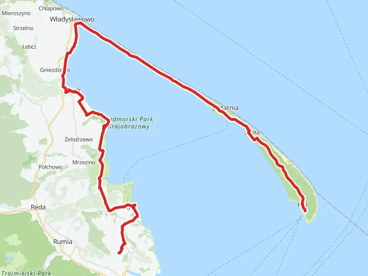 Trasa Polregio Gdynia Hel biegnie przez Władysławowo, Tarnowo i Półwysep Helski, wzdłuż wybrzeża Bałtyku.