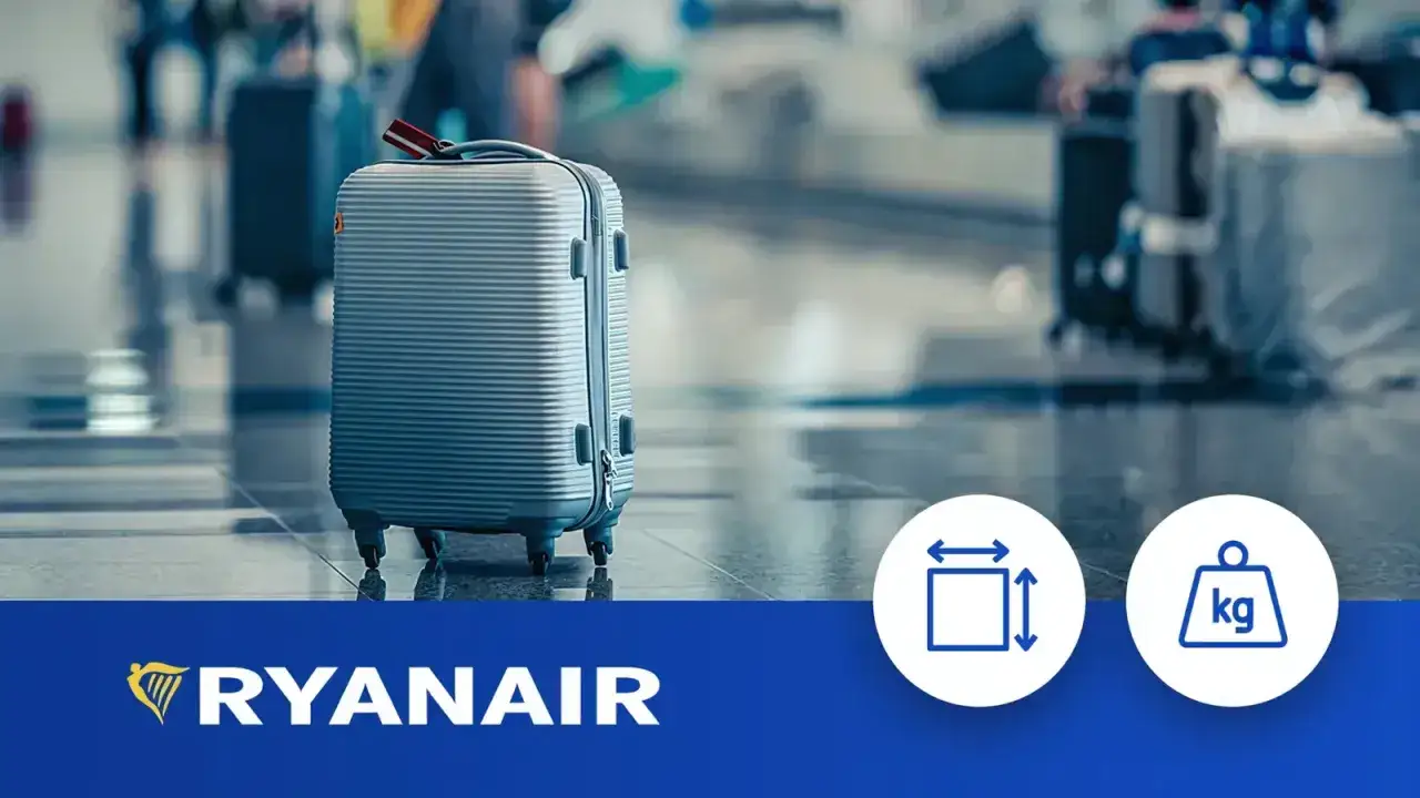 Szary walizka na kółkach, symbolizująca bagaż rejestrowany Ryanair. Obok ikony wymiarów i wagi.