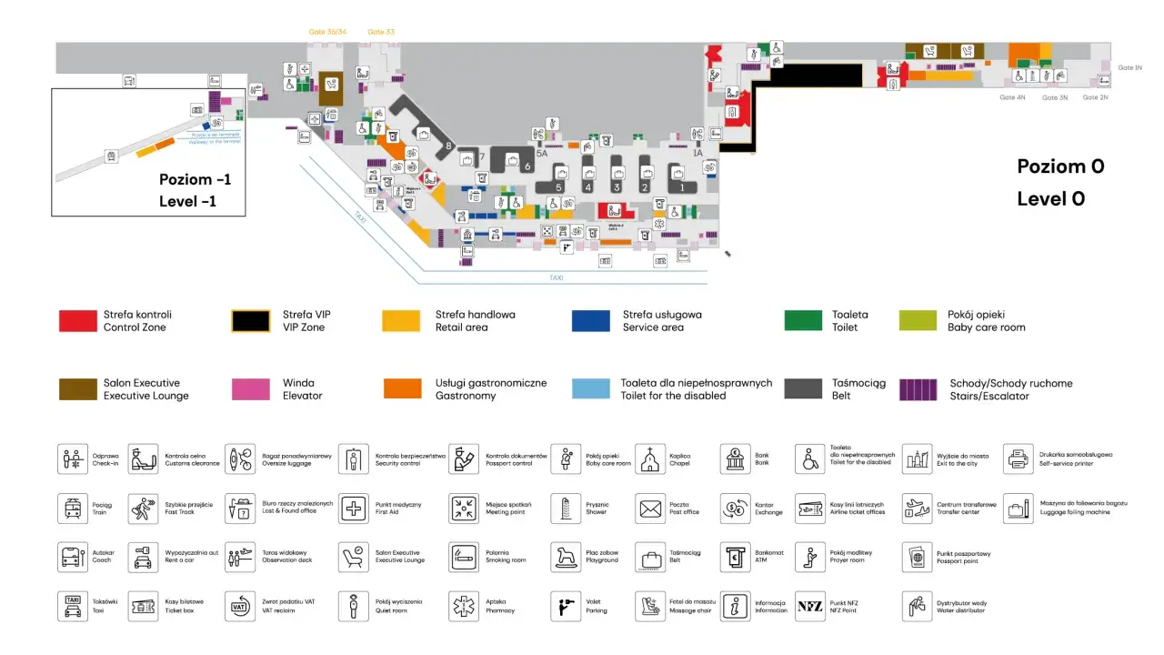 Mapa lotniska Warszawa Chopina. Poziom -1 i 0 z oznaczeniami kontroli, sklepów, restauracji, toalet i innych usług.